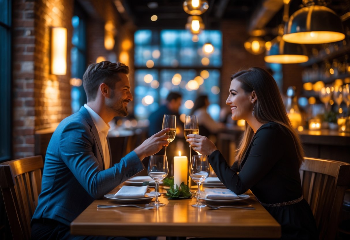 A couple enjoying a romantic dinner at a cozy restaurant with warm lighting and elegant table settings.
