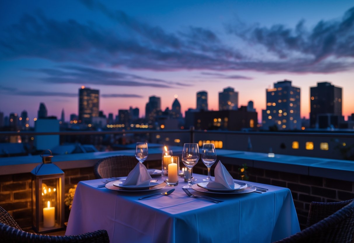 A rooftop table set for a romantic candlelight dinner overlooking the Newark city skyline at twilight.