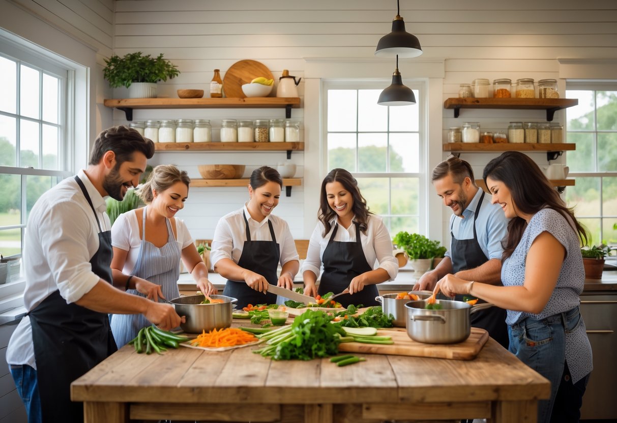 Couples cooking together around a kitchen island in a bright, cozy cooking class setting.