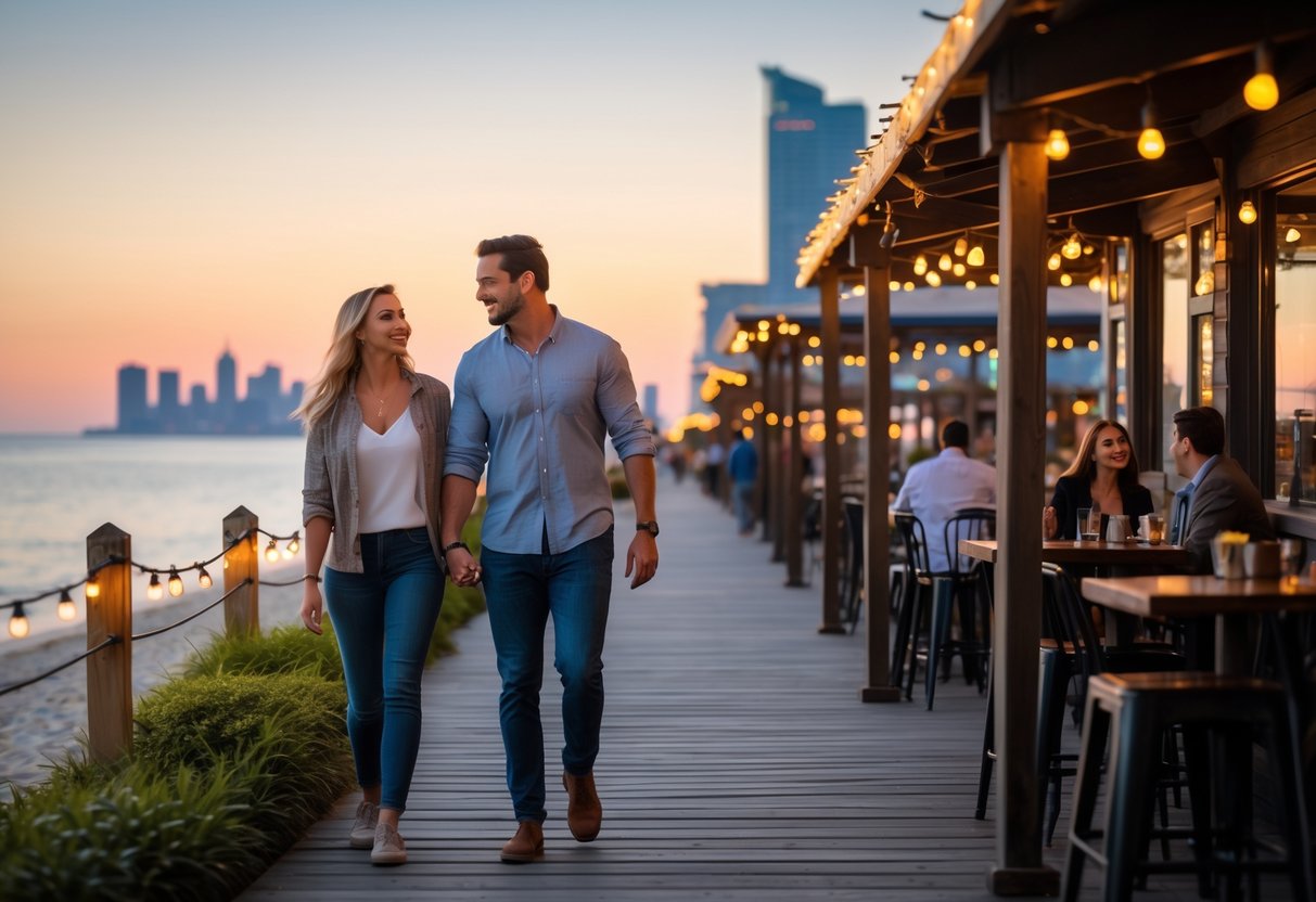 A couple walking hand in hand along a boardwalk near the New Jersey coastline at sunset with a city skyline in the background.