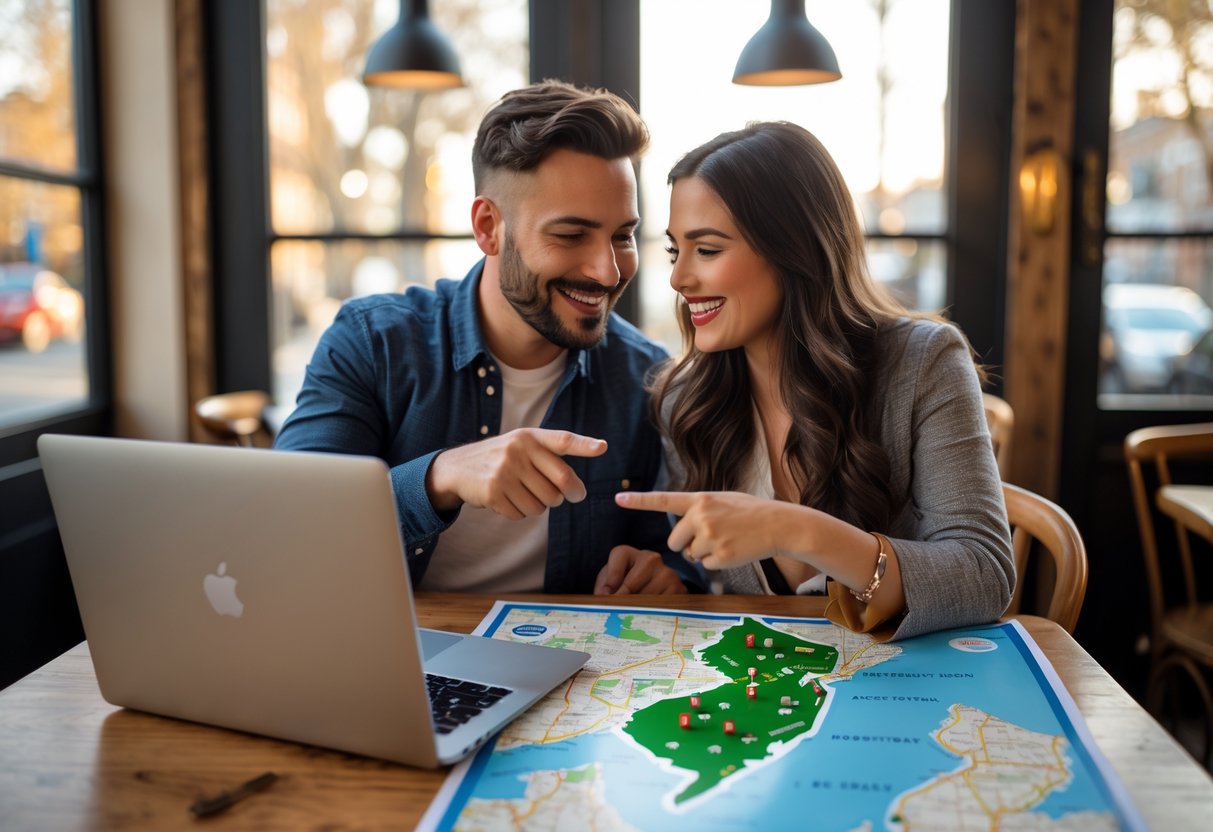 A couple sitting at a cafe table looking at a map and laptop, planning a date in New Jersey.