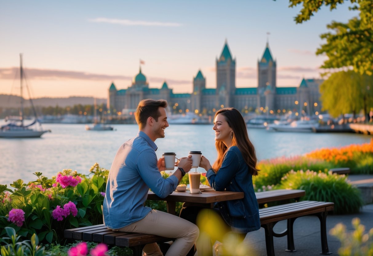 A young couple sitting on a bench near the waterfront in Victoria, BC, enjoying coffee together with historic buildings and boats in the background at sunset.