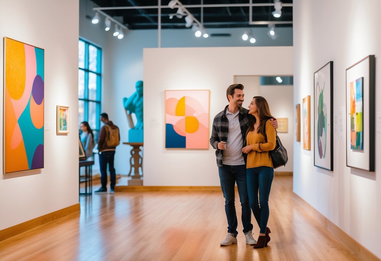 A young couple looking at colorful artwork inside an art gallery with other visitors in the background.