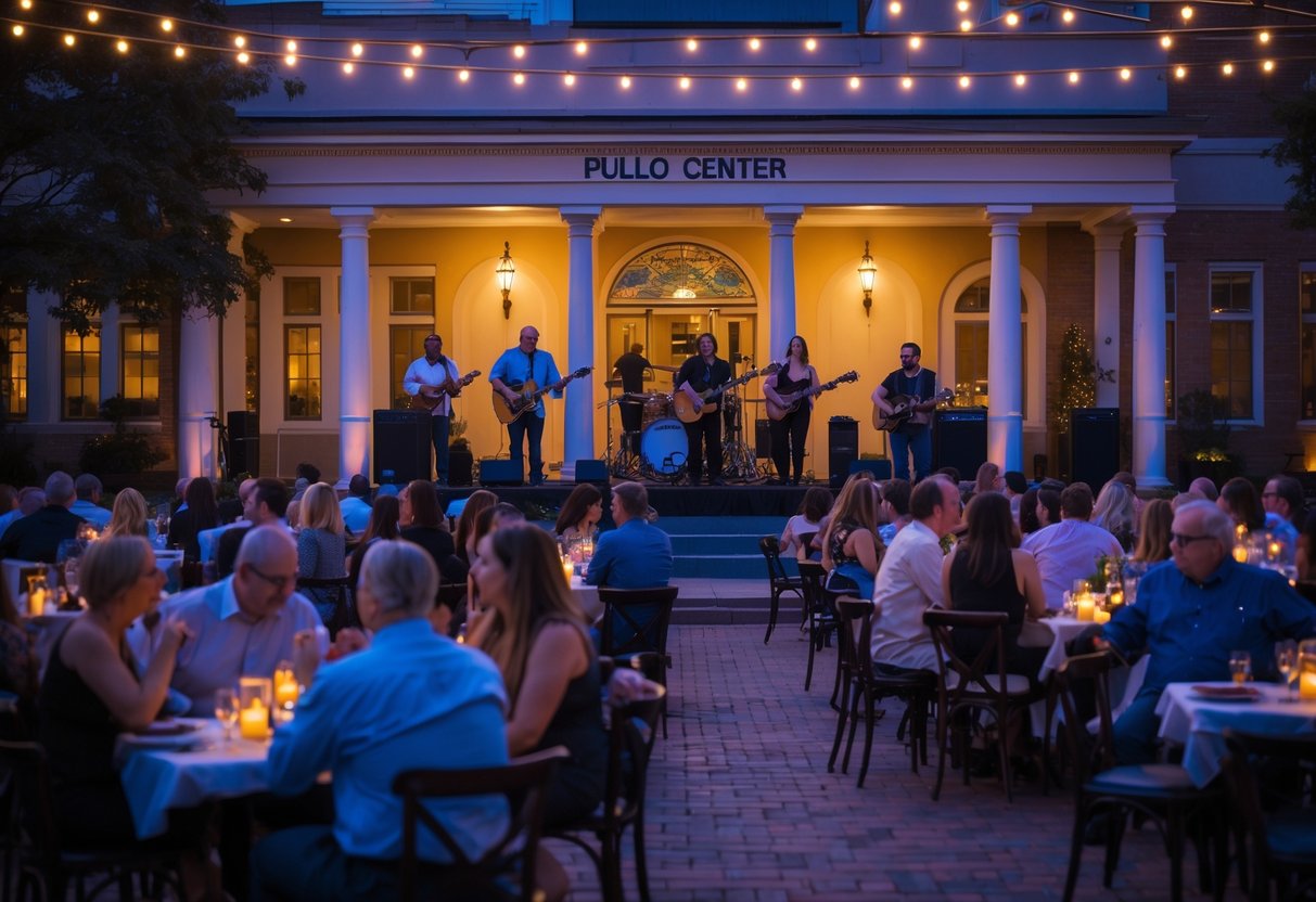 Couples enjoying live music at a concert venue with a band performing on stage and warm lighting.