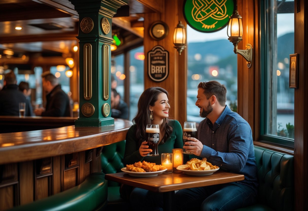A couple enjoying a cozy dinner at a wooden table inside an Irish pub with traditional decor and soft lighting.