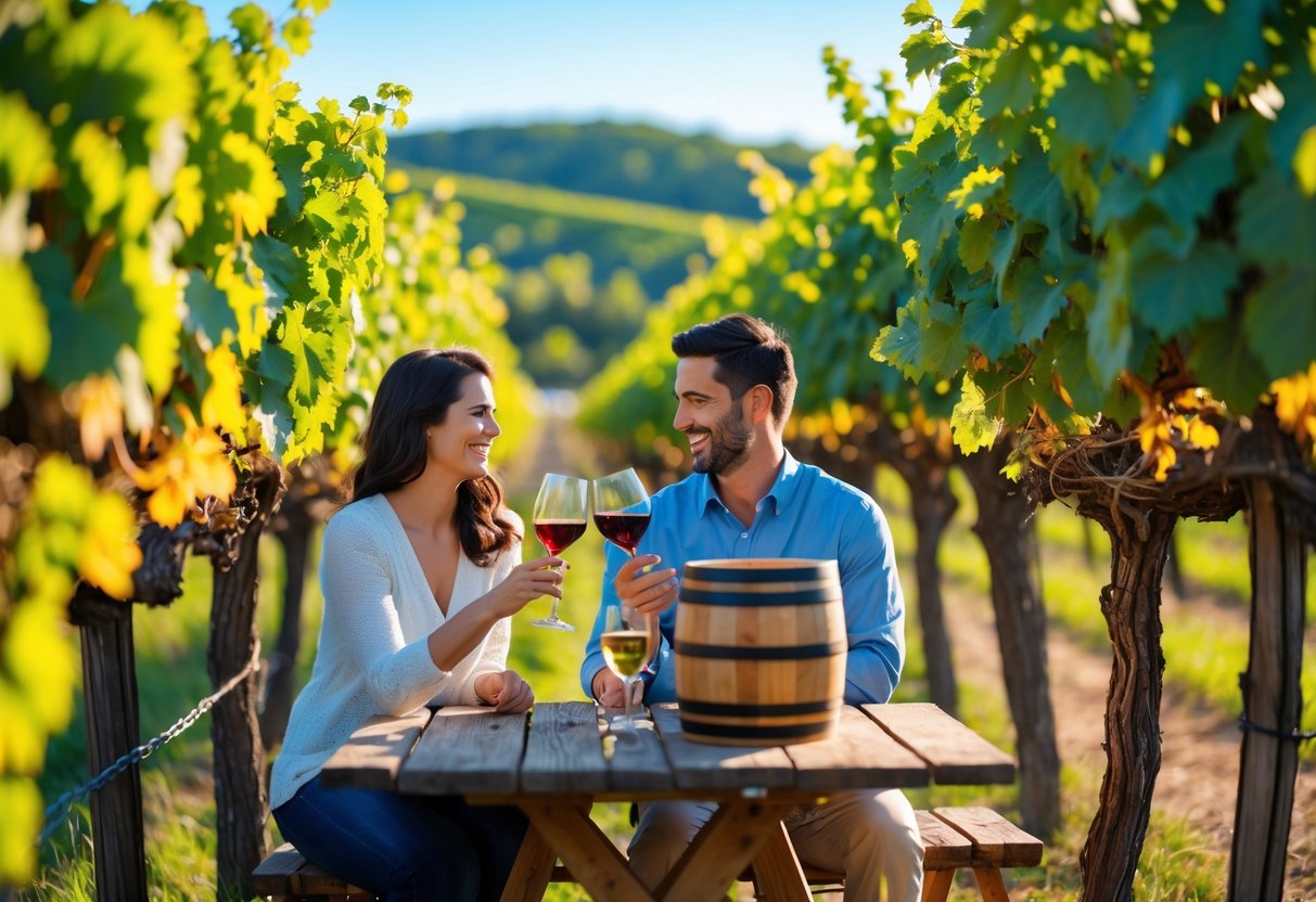 A couple enjoying wine tasting together at a vineyard surrounded by grapevines and rolling hills.