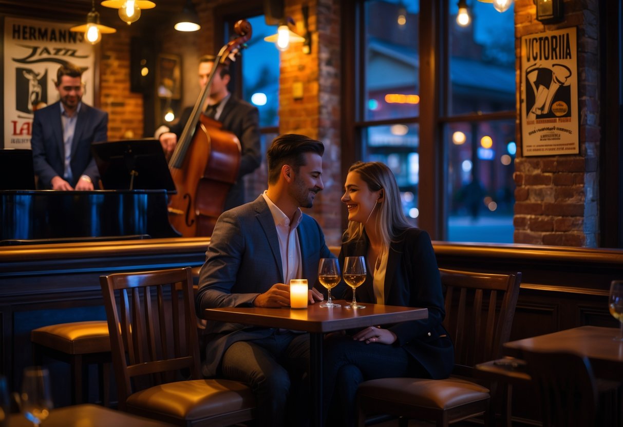 A couple enjoying live jazz music inside a cozy jazz club with musicians performing on stage.