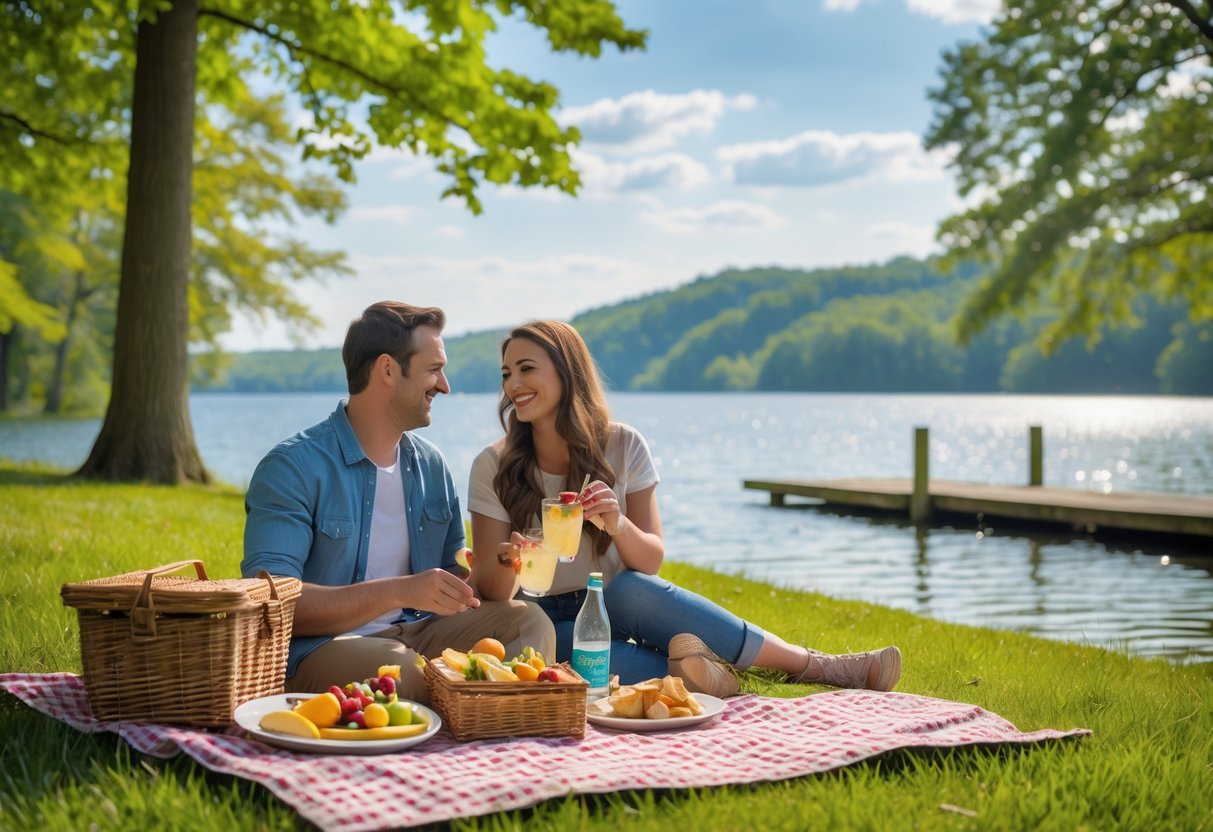 A couple having a picnic on a blanket near a lake surrounded by trees and hills at Codorus State Park.