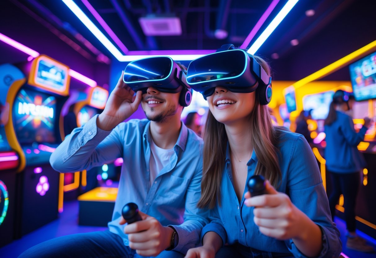 A young couple wearing VR headsets and playing virtual reality games together at a lively arcade.
