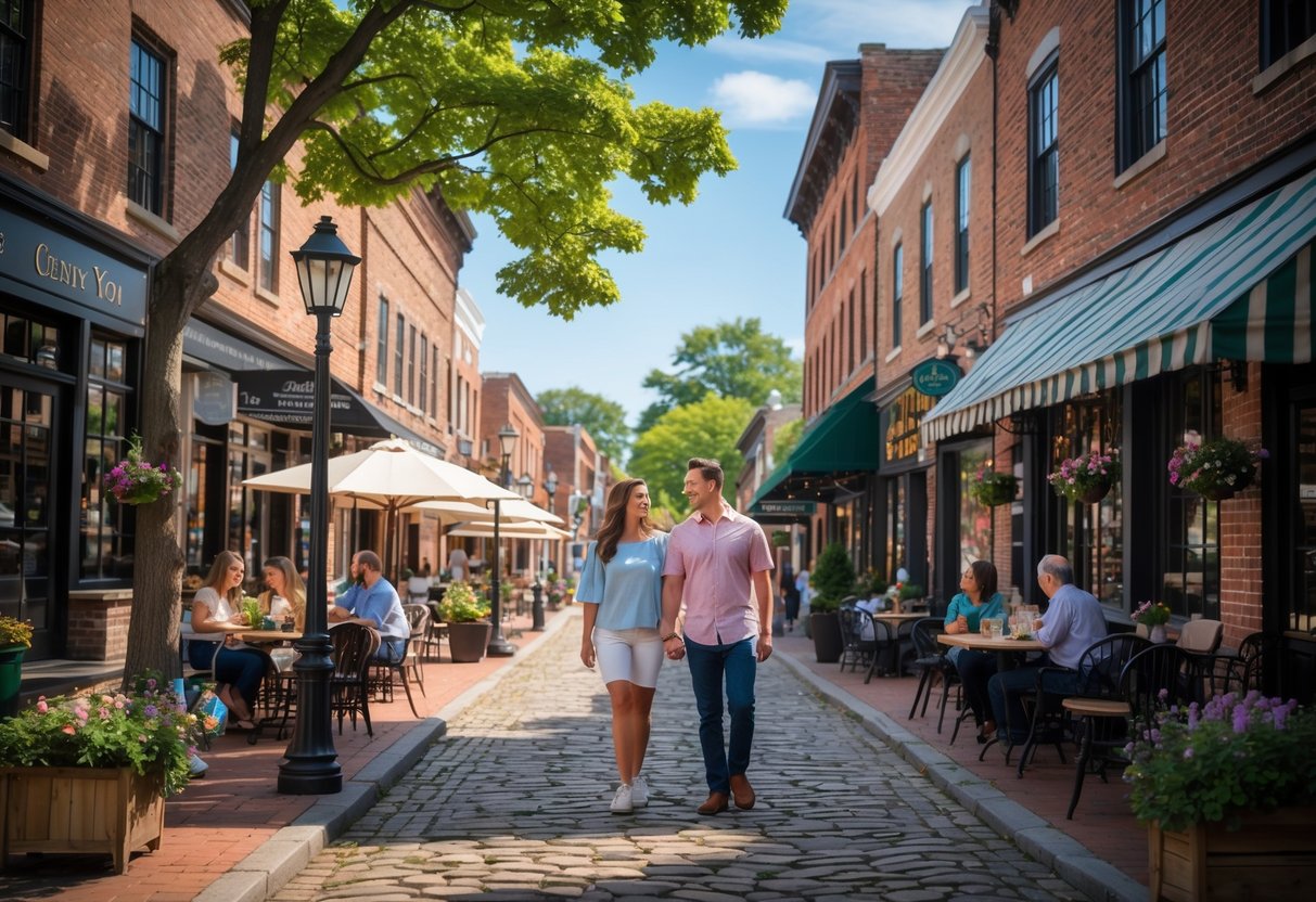 A couple walking hand in hand along a cobblestone street with historic brick buildings and outdoor cafes in a small town.
