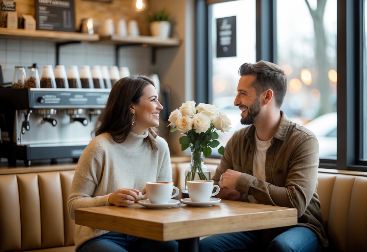 Two people enjoying coffee together at a small table inside a cozy coffee shop with natural light and white roses on the table.