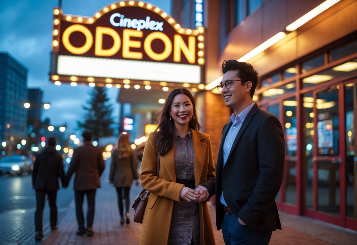 A young couple holding hands and smiling outside the Cineplex Odeon movie theater in Victoria, BC during the evening.