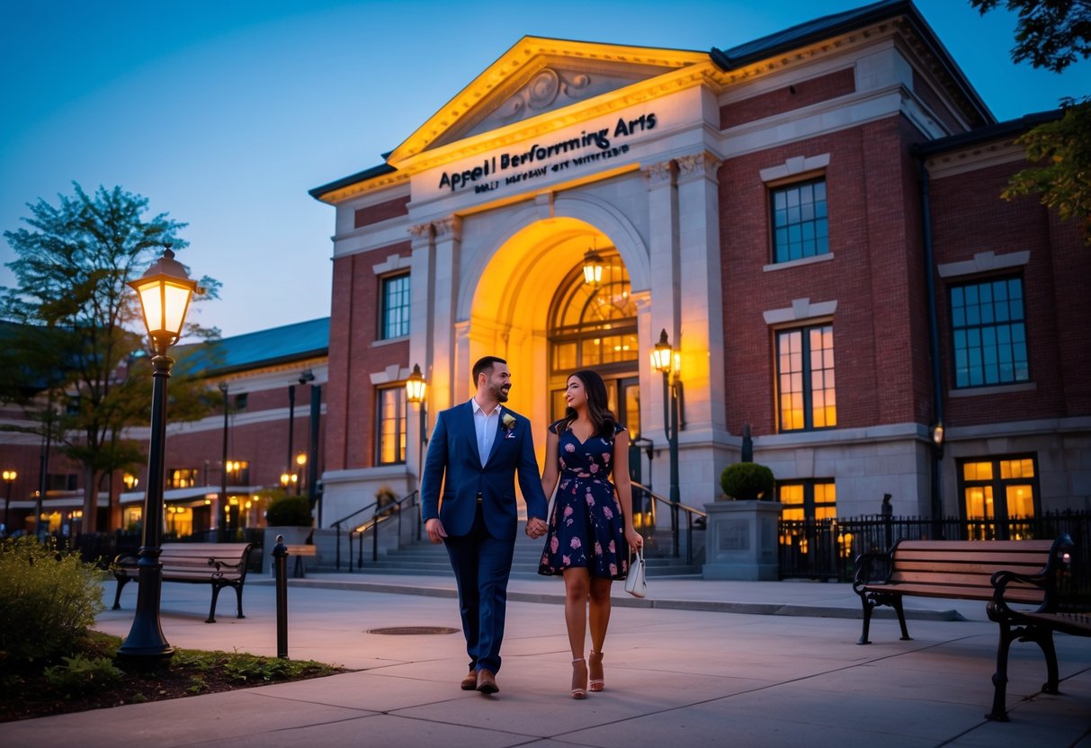 A couple walking hand-in-hand near the illuminated entrance of the Appell Center for the Performing Arts in York, Pennsylvania at dusk.