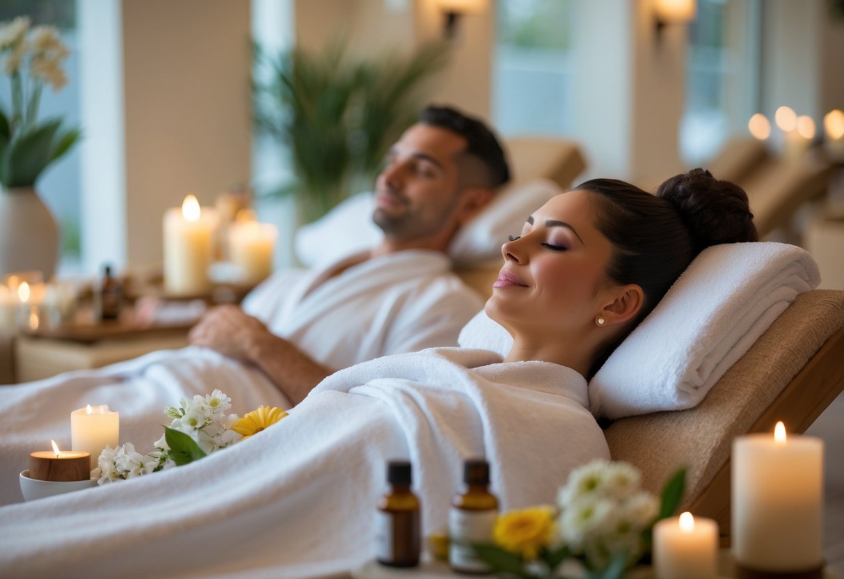 A couple enjoying a relaxing spa day with a facial massage and warm towels in a peaceful spa setting.