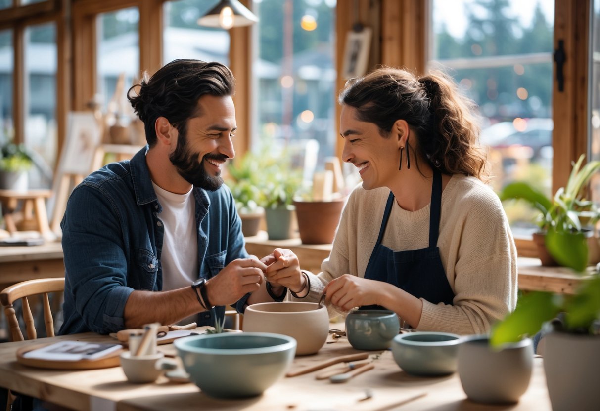 A couple enjoying a creative workshop together in a bright, cozy room with art supplies and plants.