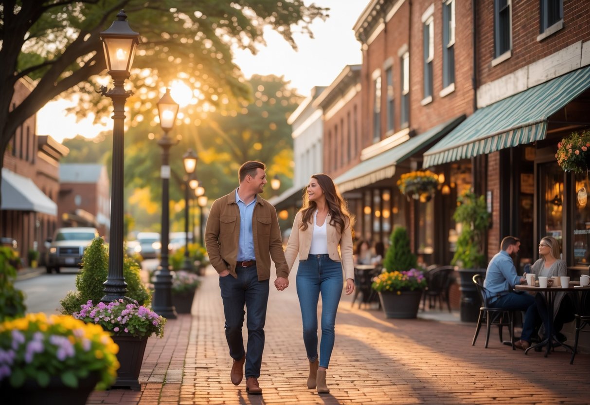 A couple walking hand-in-hand along a tree-lined street in a charming downtown area with brick buildings and an outdoor café nearby.