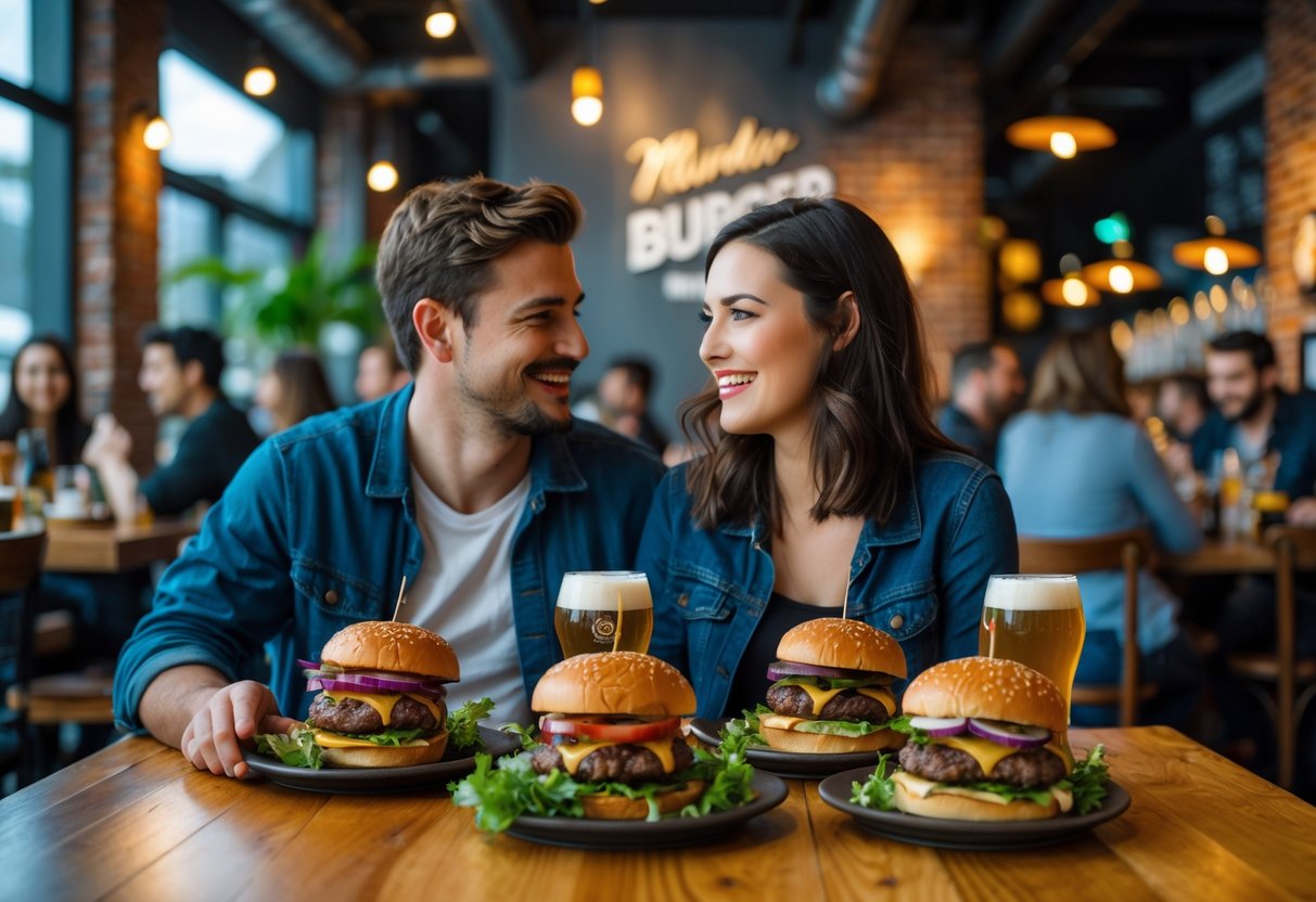 A young couple enjoying burgers and drinks at a cozy restaurant with warm lighting and modern decor.