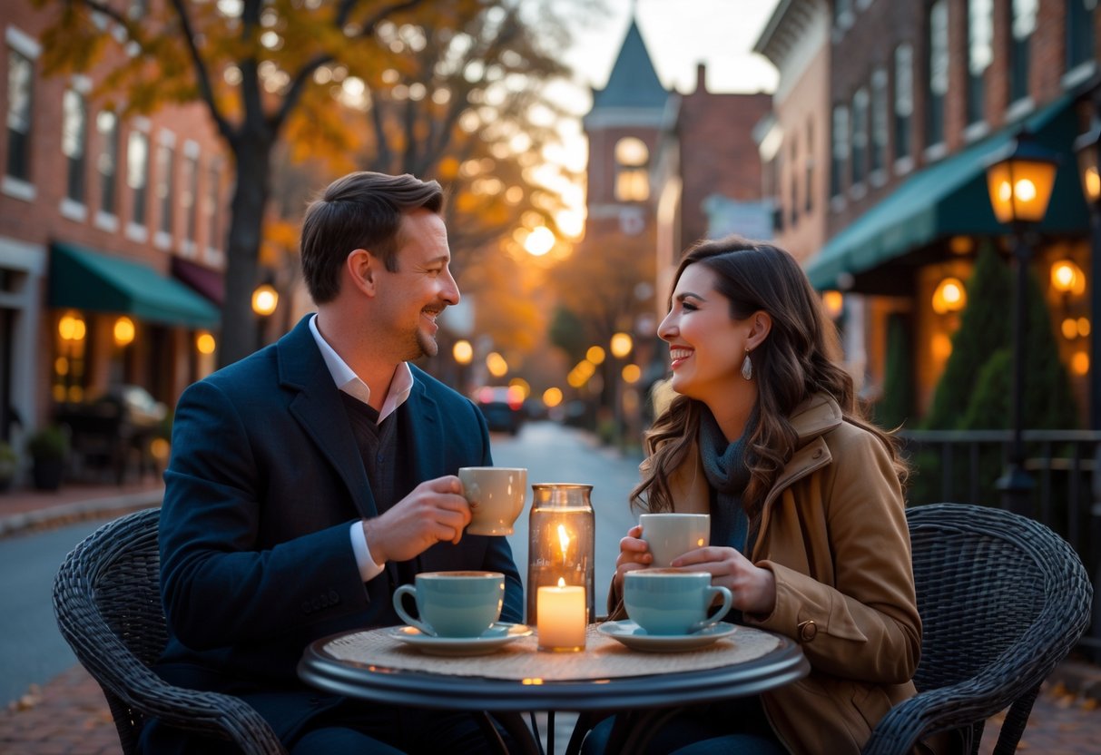 A couple enjoying a romantic outdoor date at a small table with historic buildings and autumn trees in the background.