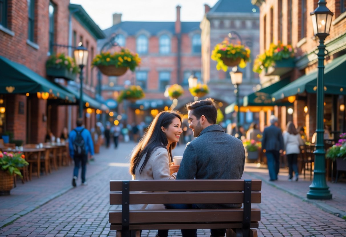 A young couple enjoying coffee together on a bench in Bastion Square, Victoria, BC, surrounded by historic buildings and flowers.