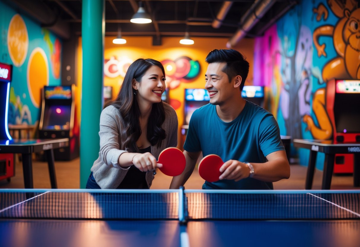 A young couple playing ping pong together inside an arcade with colorful murals and arcade machines in the background.