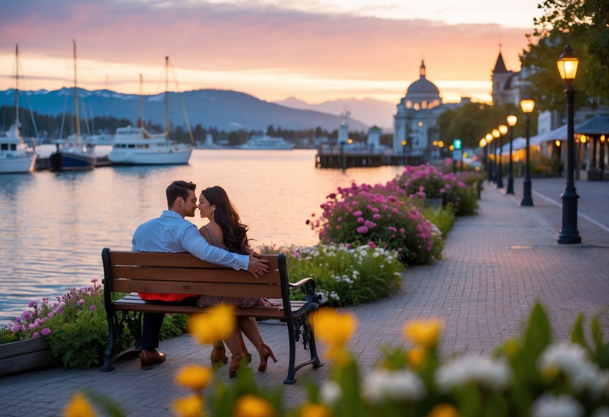 A couple enjoying a romantic sunset walk by the waterfront in Victoria, British Columbia, surrounded by boats, flowers, and historic buildings.