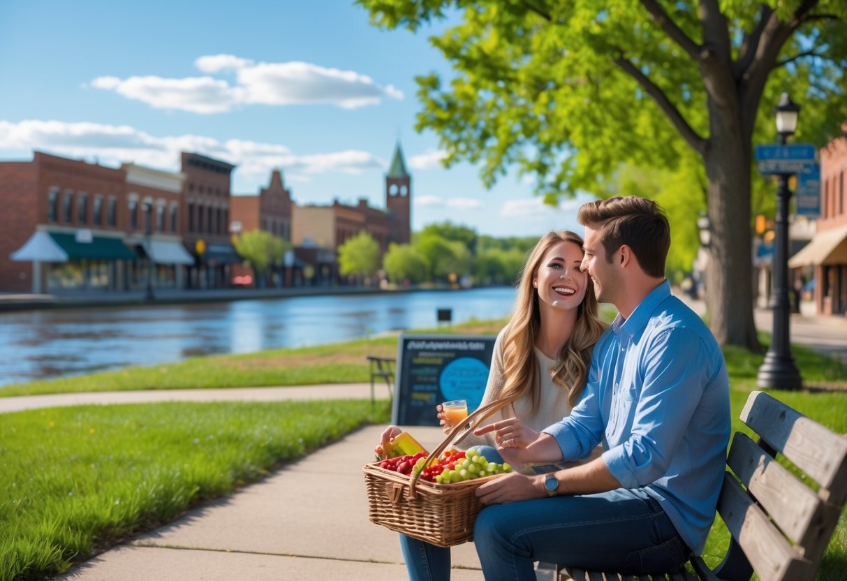 A young couple sitting on a park bench near the Red River in Fargo, sharing a picnic on a sunny day with trees and downtown buildings in the background.