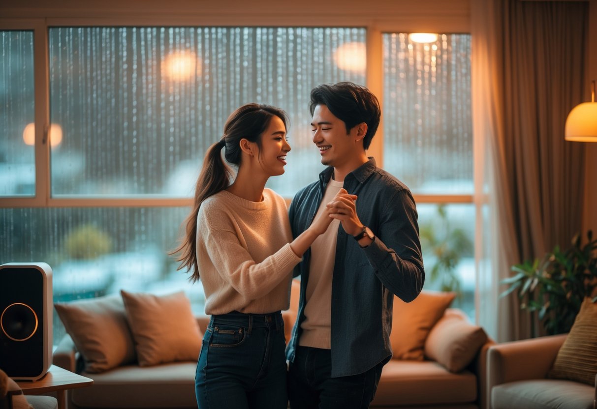 A young couple dancing together in a cozy living room on a rainy day, with raindrops visible on the window.