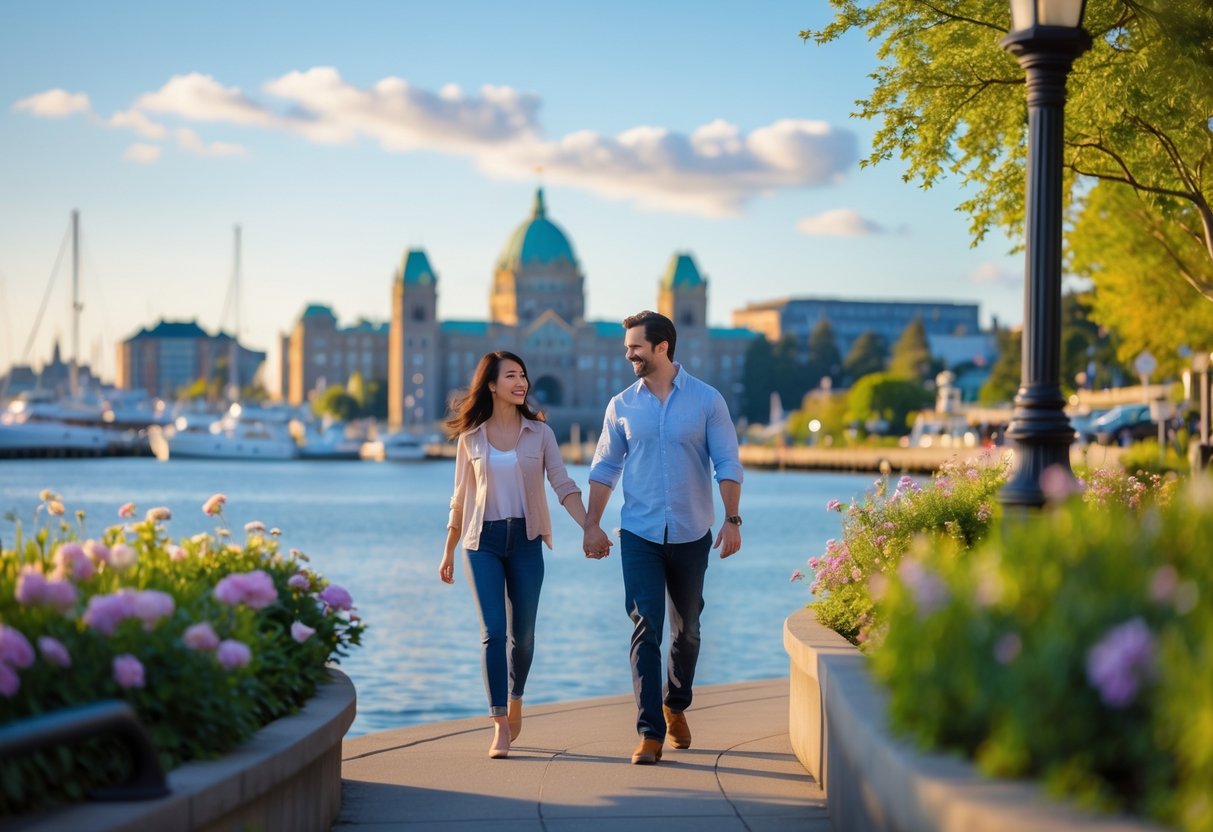 A couple walking hand-in-hand along a waterfront path in Victoria, British Columbia, with flowers, greenery, and historic buildings in the background.