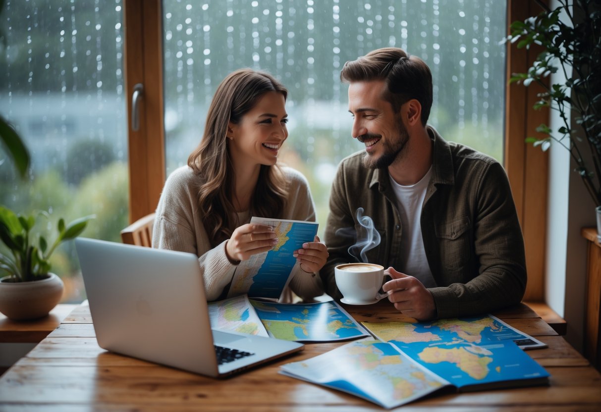 A couple sitting at a table by a window on a rainy day, looking at travel materials and smiling together.