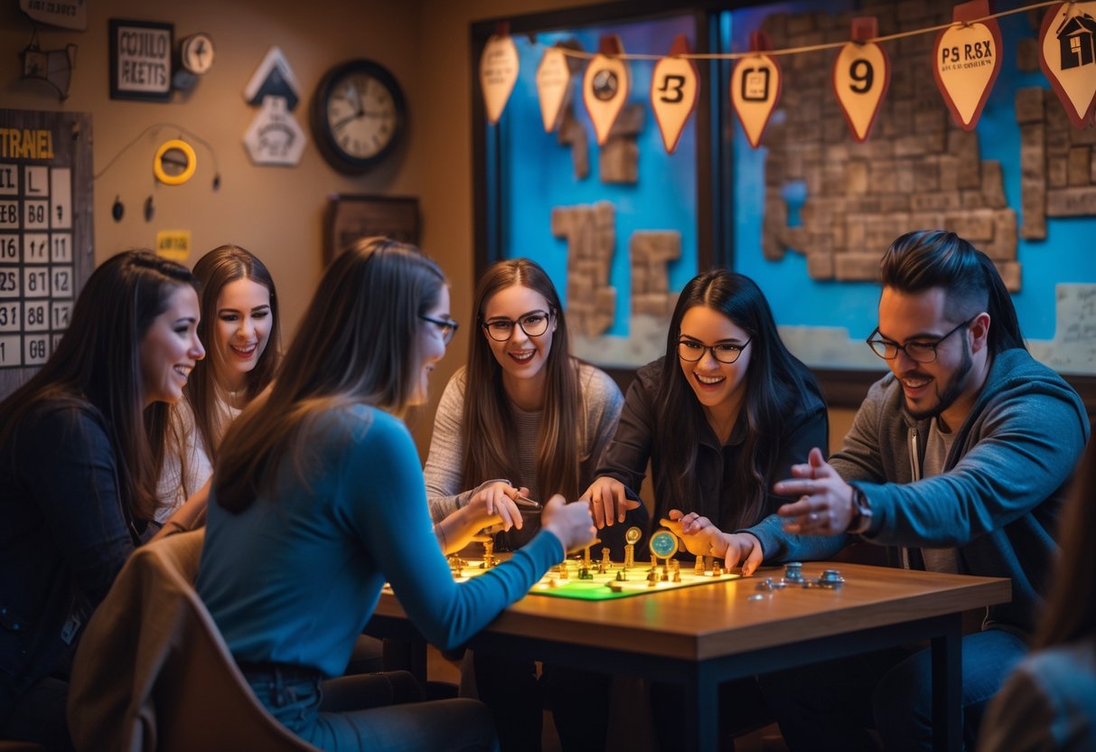 A group of young adults working together to solve puzzles in an escape room.