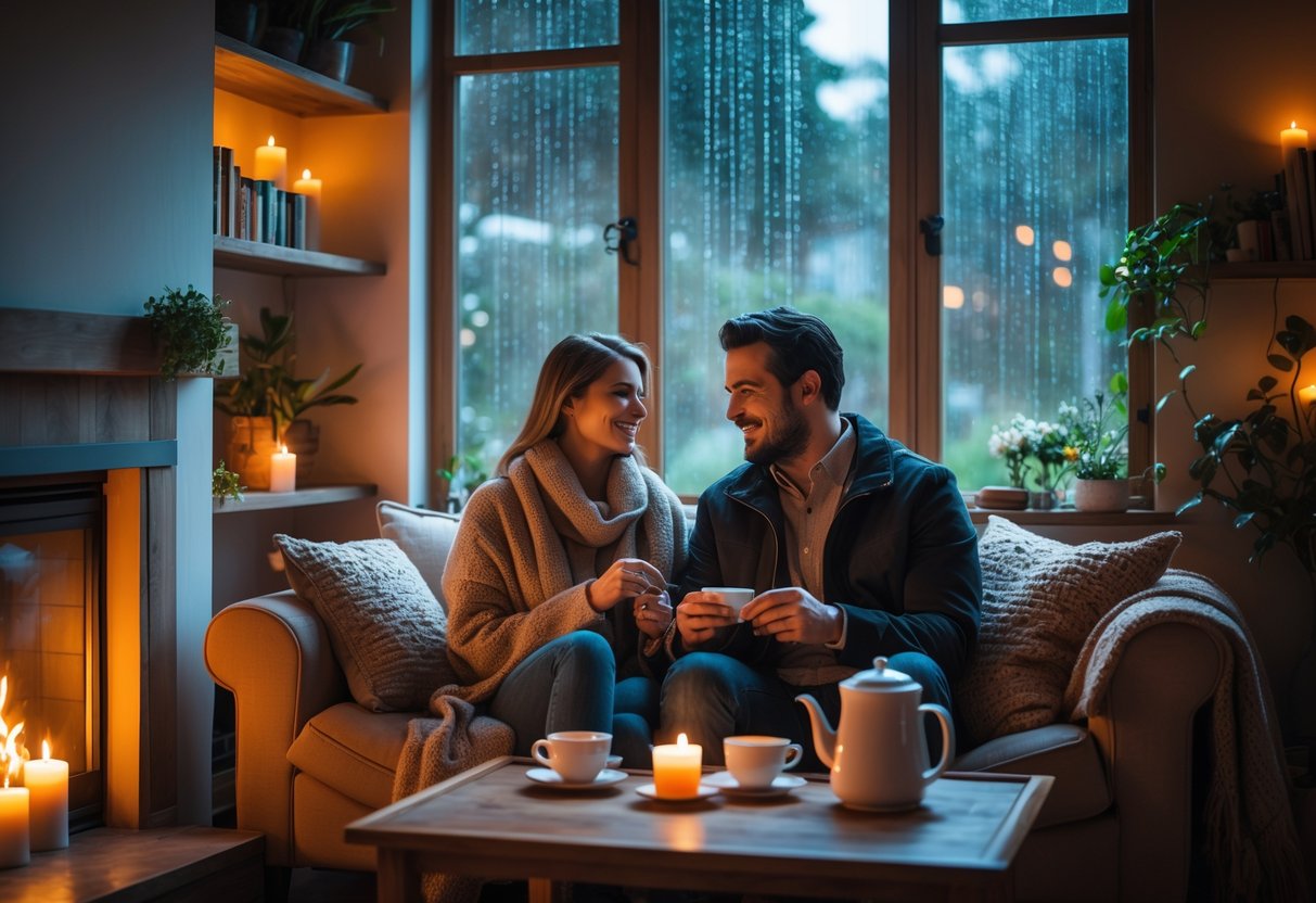 A couple sitting on a sofa near a window with rain outside, surrounded by warm lighting, blankets, and a fireplace, enjoying a cozy indoor moment together.