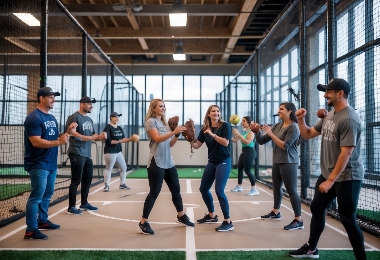 People batting in an indoor batting cage facility at a fitness center.