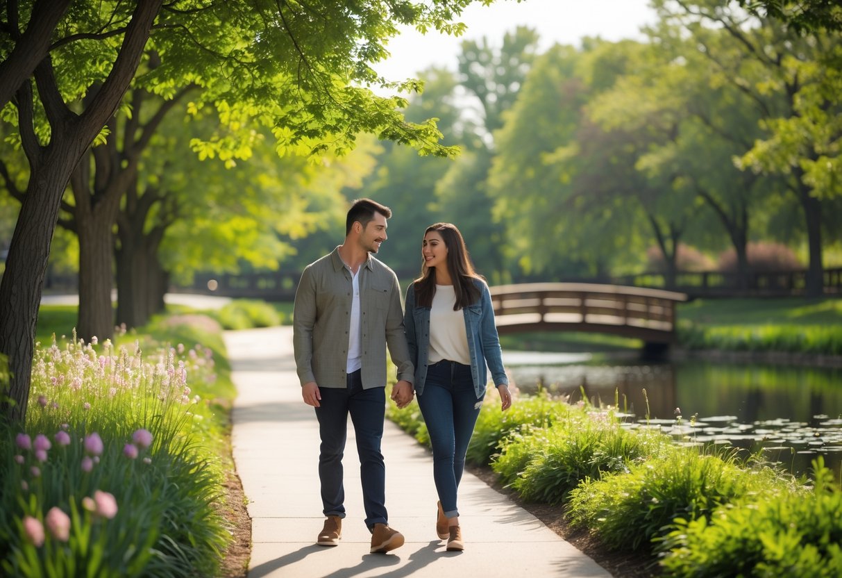 A young couple walking hand-in-hand along a tree-lined path in a green park with a pond and footbridge in the background.