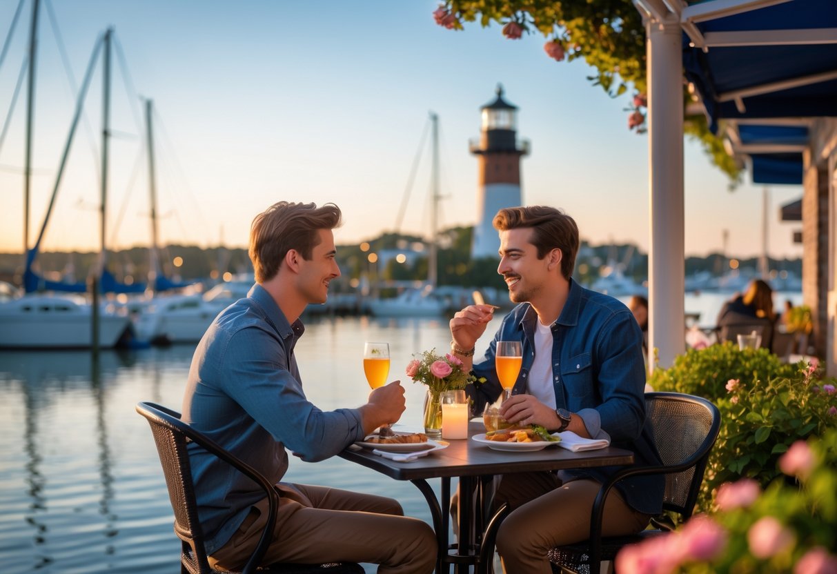 A young couple sitting at an outdoor café by the water in Newport News, smiling and enjoying a meal together near a marina with sailboats and a lighthouse in the background.