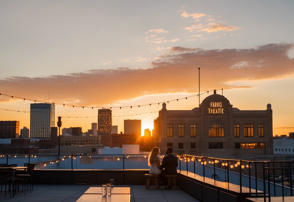 Sunset view from the Fargo Theatre rooftop overlooking the city skyline with a couple enjoying the scene.