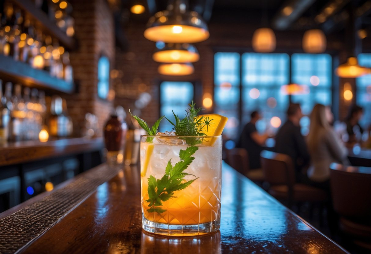 A cocktail on a bar counter inside a cozy bar with people in the background.