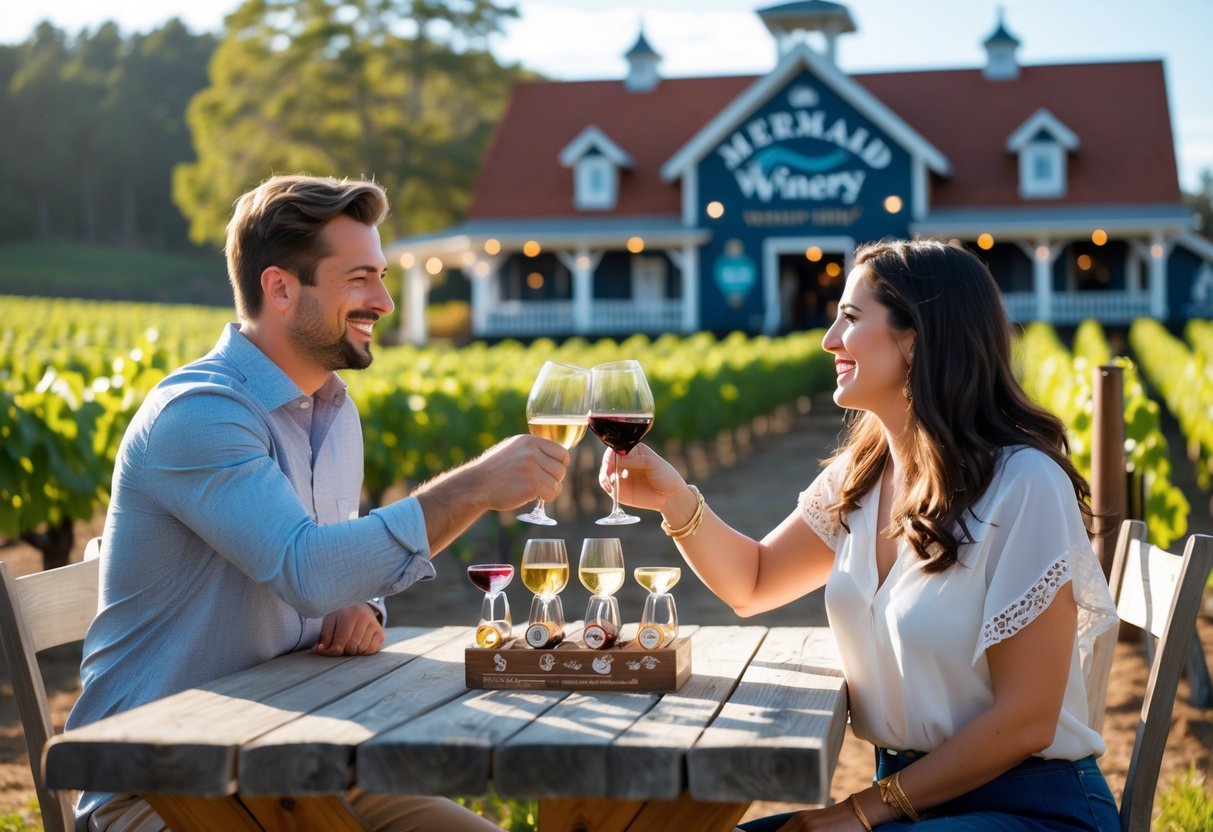 A couple enjoying wine tasting outdoors at a vineyard with glasses of wine on a wooden table.