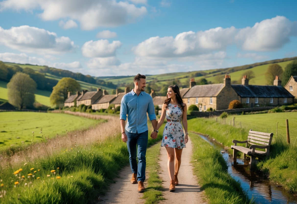 A young couple walking hand-in-hand along a green countryside path with stone cottages and rolling hills in the background.