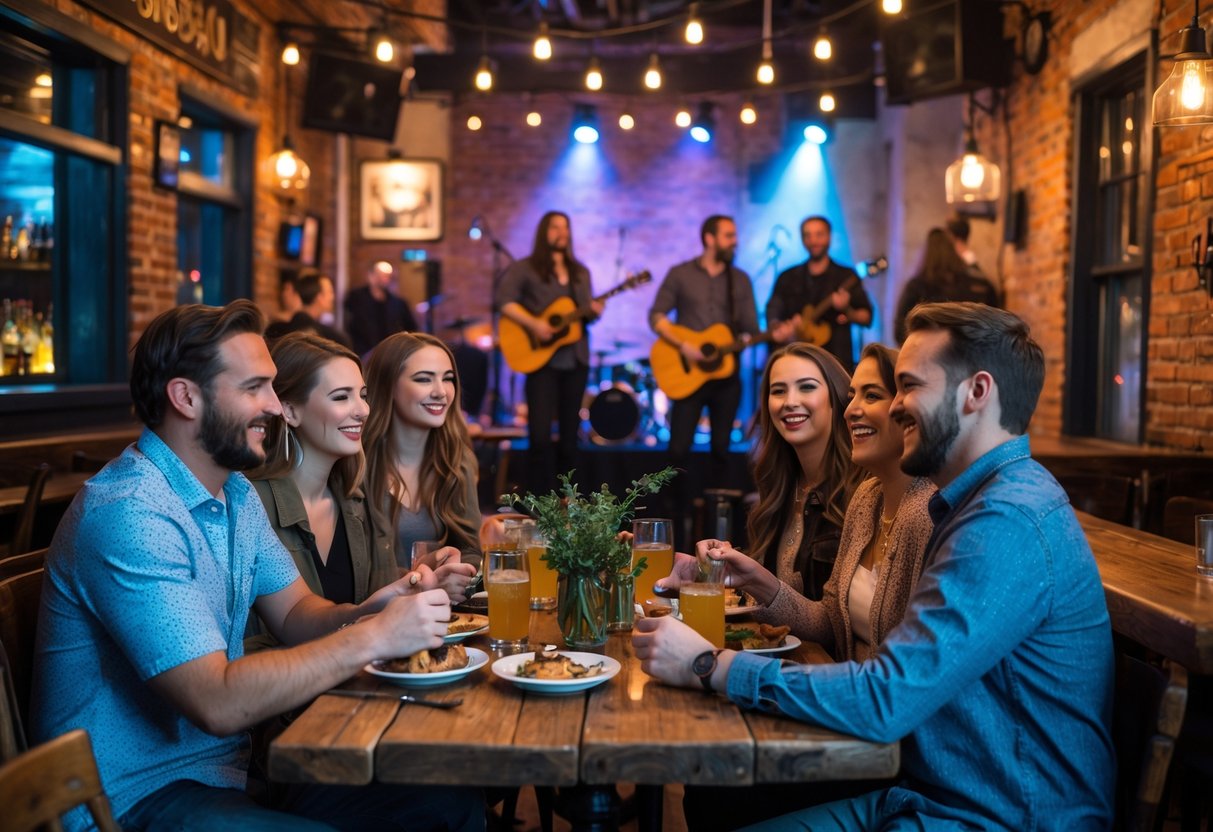 Couples enjoying live music inside a cozy pub with a band performing on stage.