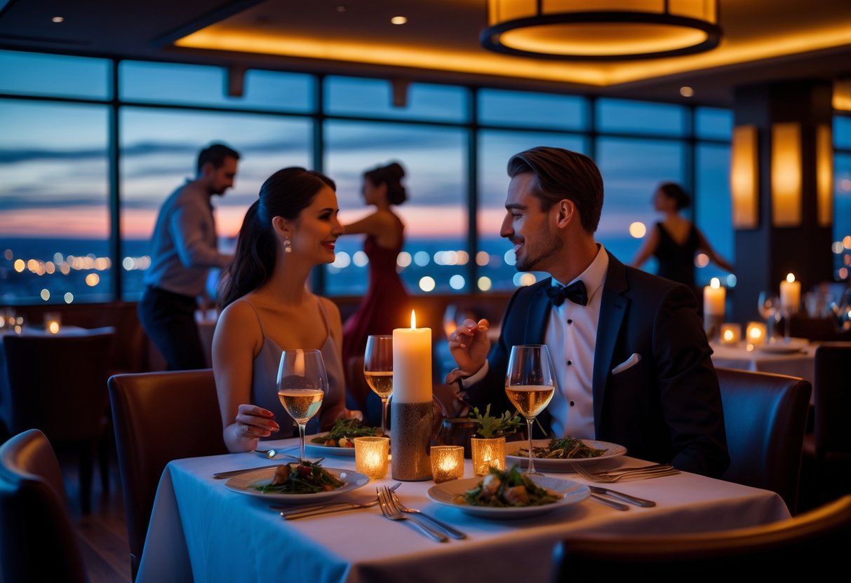 A couple enjoying a romantic dinner and dancing in a warmly lit restaurant with other couples dancing in the background.