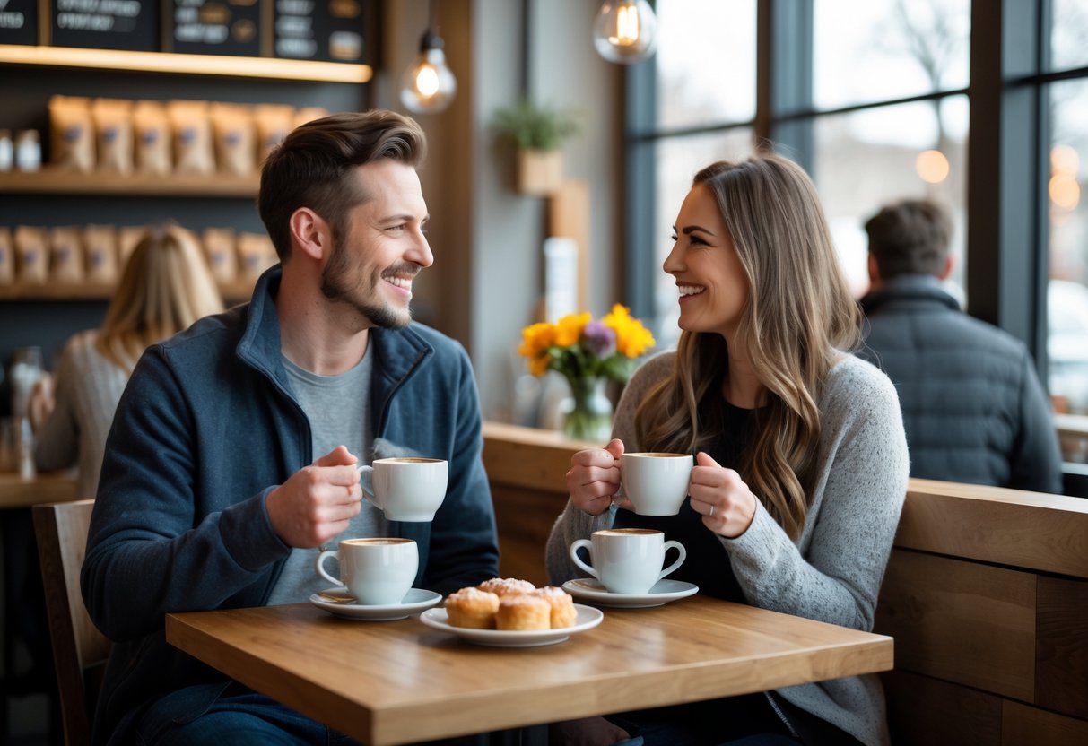 A couple enjoying coffee together at a small table inside a cozy café.
