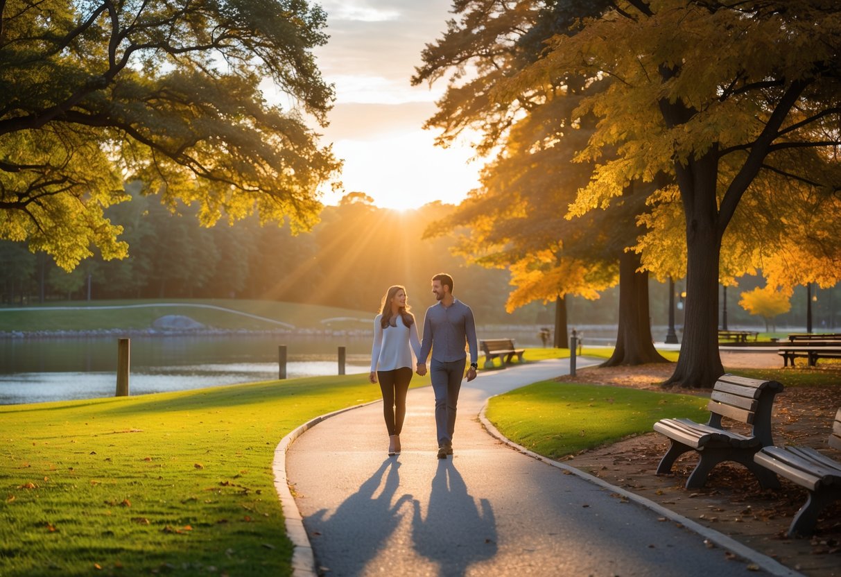 A couple walking hand in hand along a tree-lined path in Newport News Park at sunset.