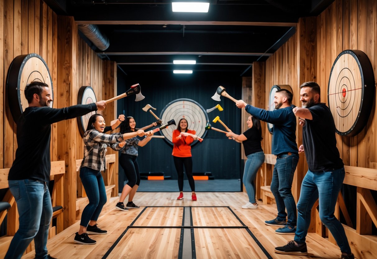 People enjoying axe throwing at an indoor venue, aiming axes at wooden targets in a lively setting.
