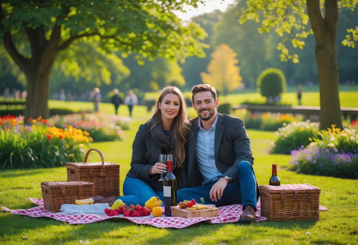A young couple enjoying a picnic on a blanket in a green park with flowers and trees.