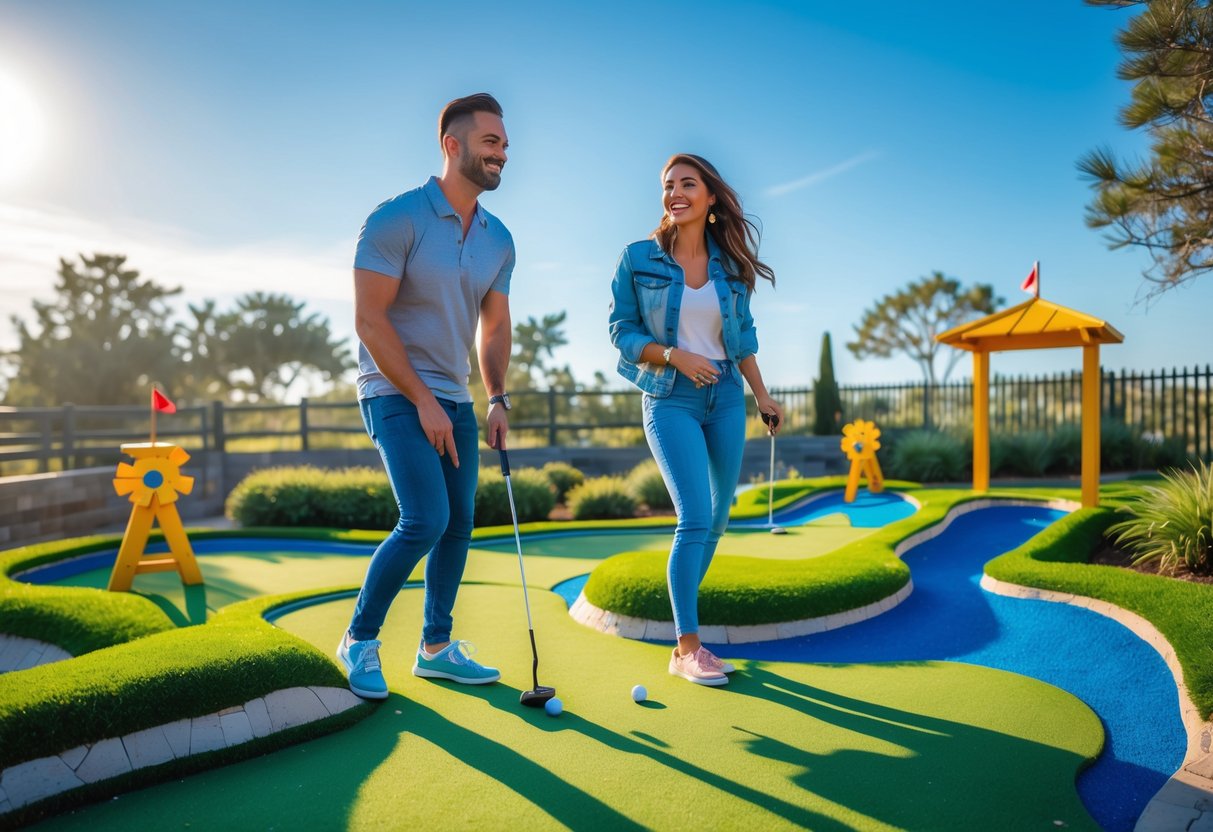 A couple playing mini golf together outdoors on a sunny day at a colorful mini golf course.