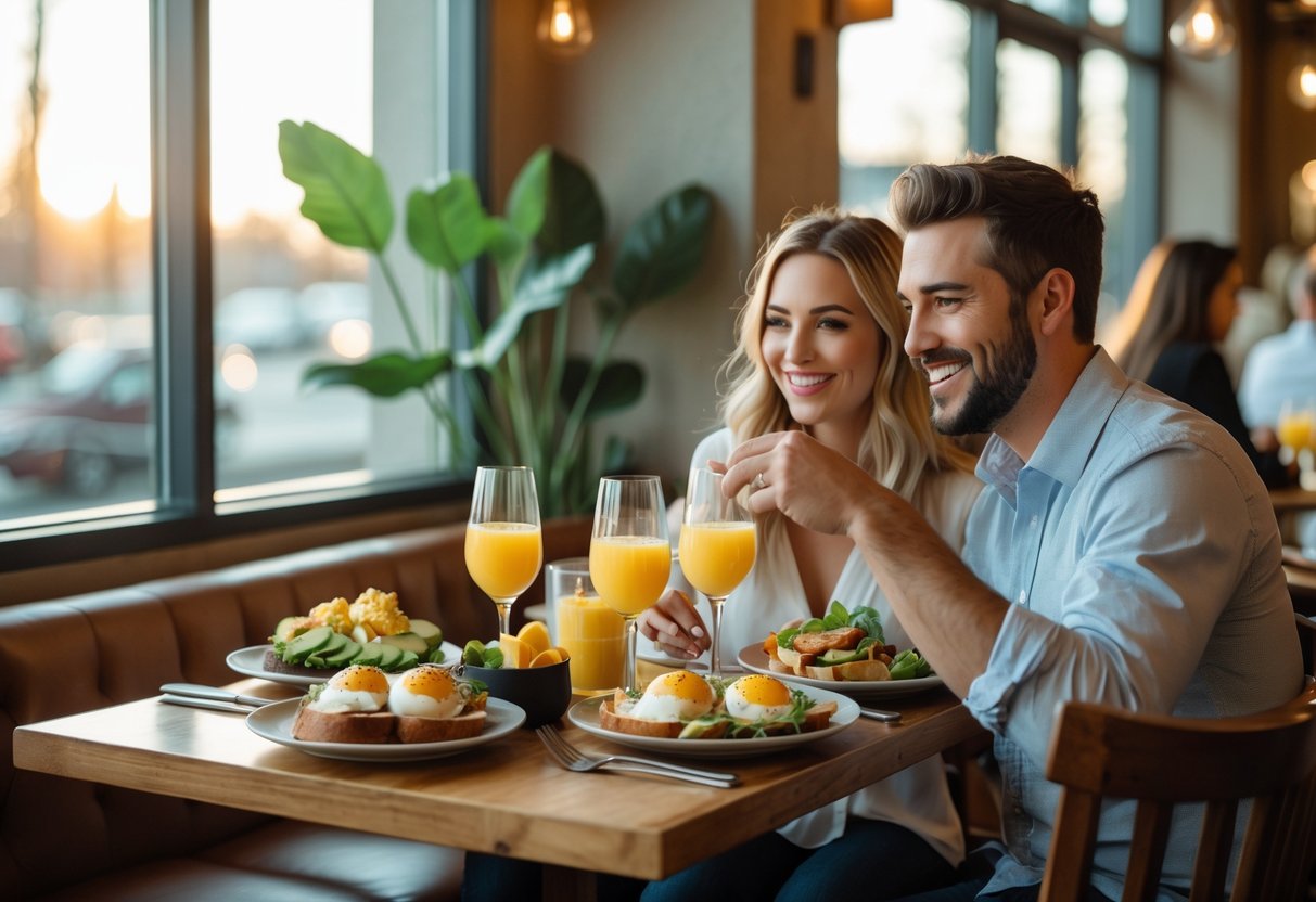 A couple enjoying a Sunday brunch at a cozy restaurant table with sunlight, fresh food, and drinks.