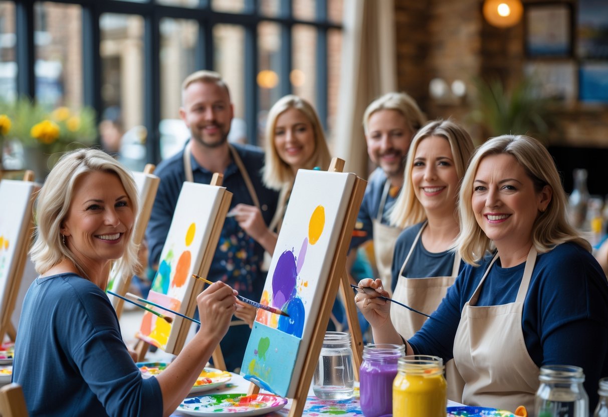A group of adults painting on canvases together at an indoor art event with natural light.