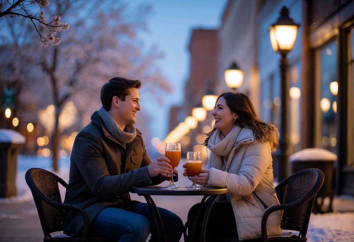 A young couple sitting at an outdoor table in a softly lit city setting, enjoying a cozy date night together.