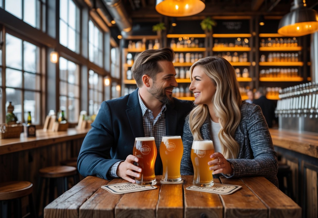 A couple enjoying craft beers together at a wooden table inside a warmly lit brewery.