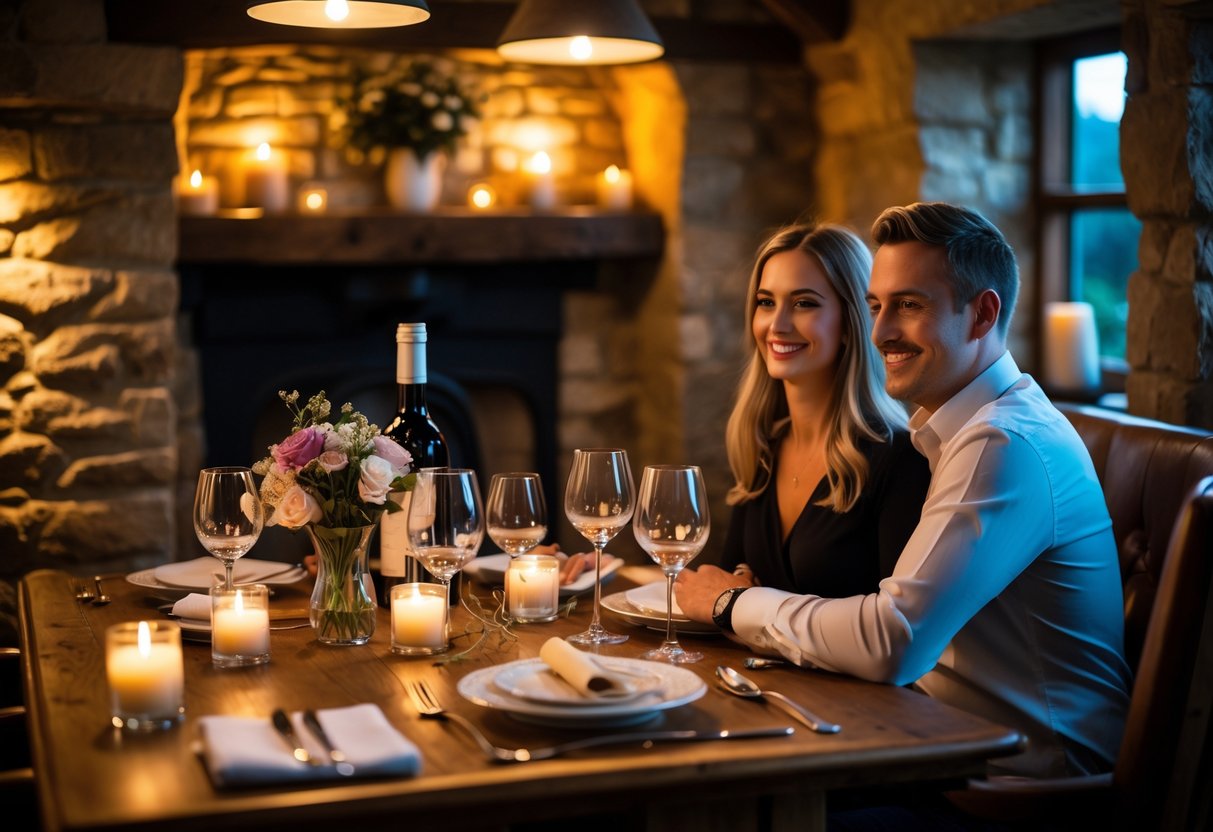 A couple enjoying a romantic dinner at a cozy table inside a rustic inn with warm lighting and elegant table settings.